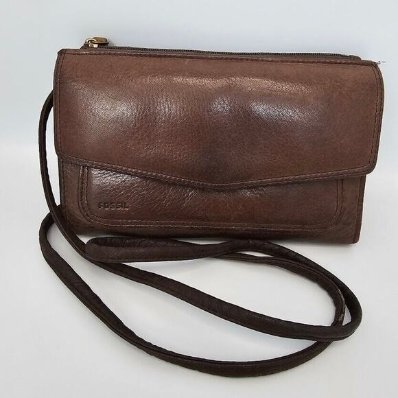 Fossil Crossbody Wallet Organizer Envelope Cell Phone Case Brown Leather - Picture 11 of 11
